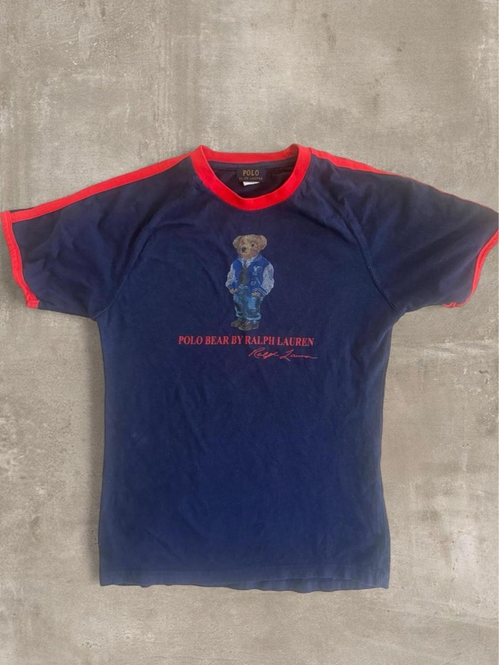 Vintage Polo by Ralph Lauren Navy Tee with Red Stripes and Polo Bear